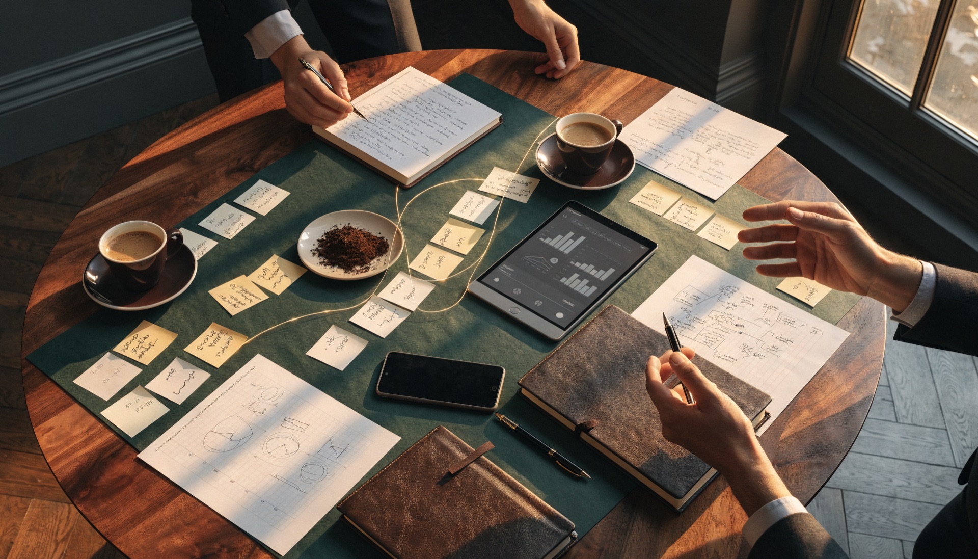 Workshop estratégico em mesa de trabalho com canvas e cards