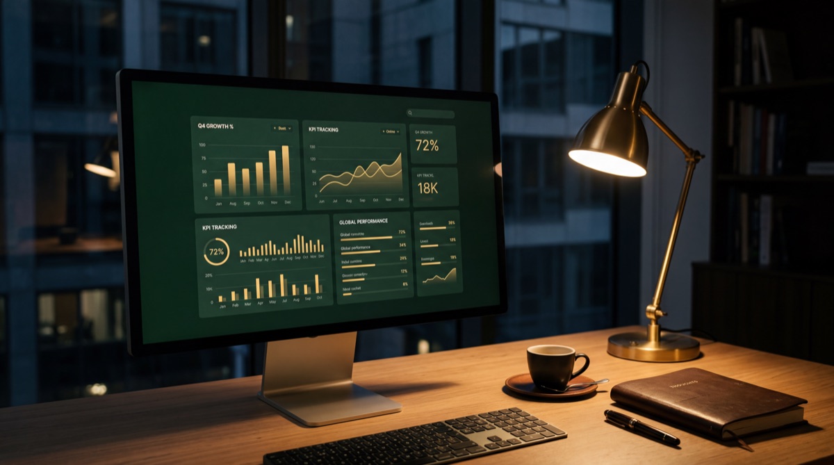 Dashboard estratégico em verde noite e dourado em monitor sob luz baixa